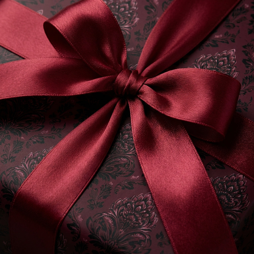 Burgundy floral wrapping paper with elegant satin ribbon and bow, perfect for a luxurious gift.