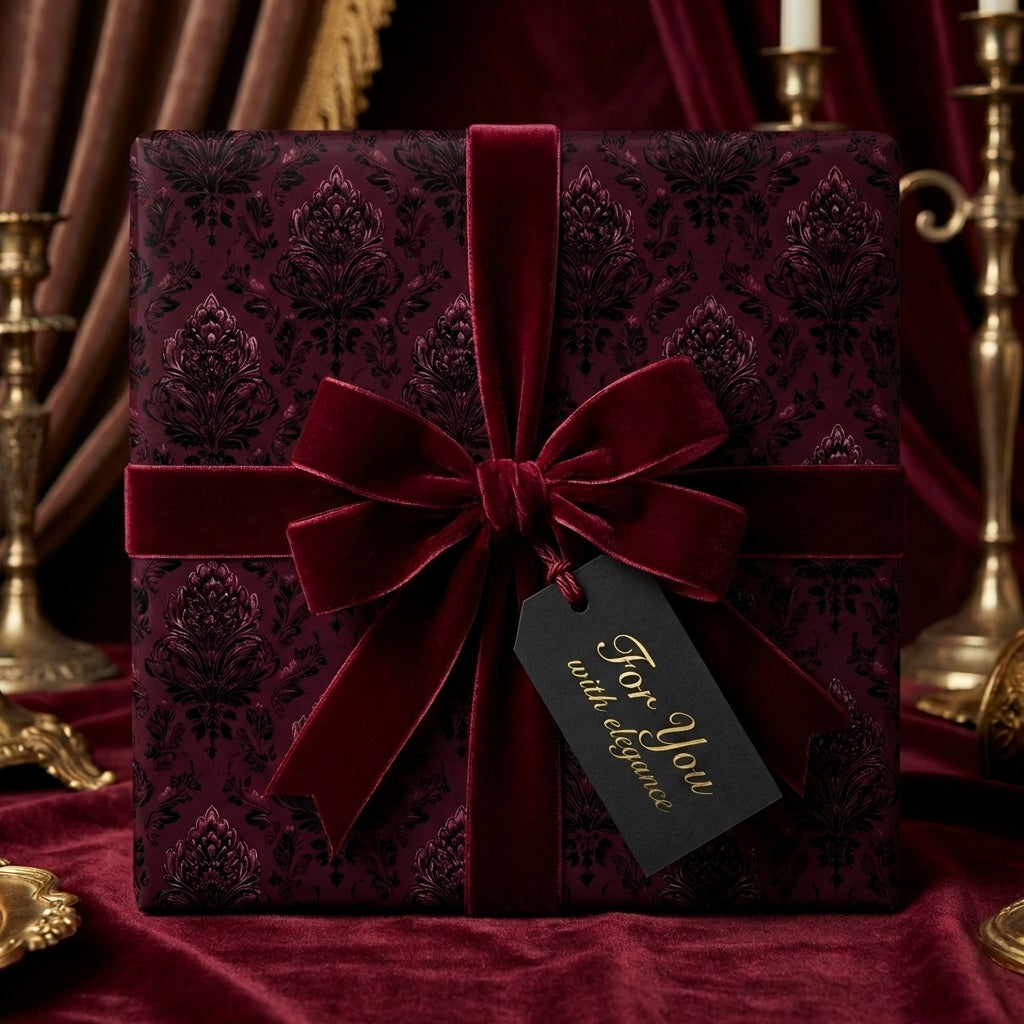 Elegant burgundy gift wrap with damask pattern and velvet ribbon.