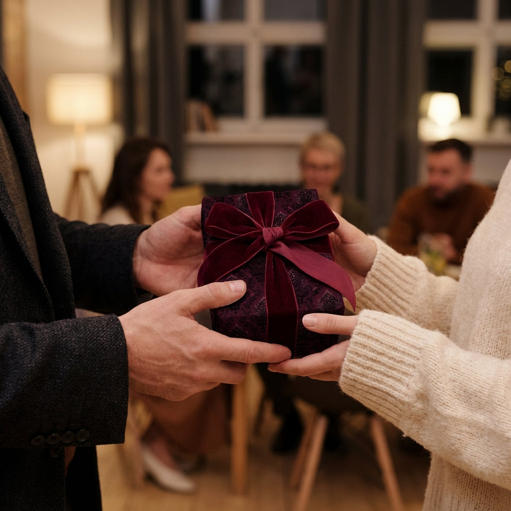 Burgundy gift being exchanged, luxurious floral gift wrap with velvet ribbon.