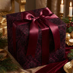 Elegant damask floral wrapping paper in burgundy with satin ribbon and holiday decor.