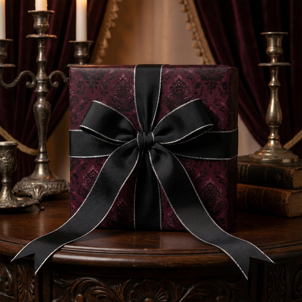 Elegant gift box wrapped in purple damask wrapping paper with a black and silver ribbon.