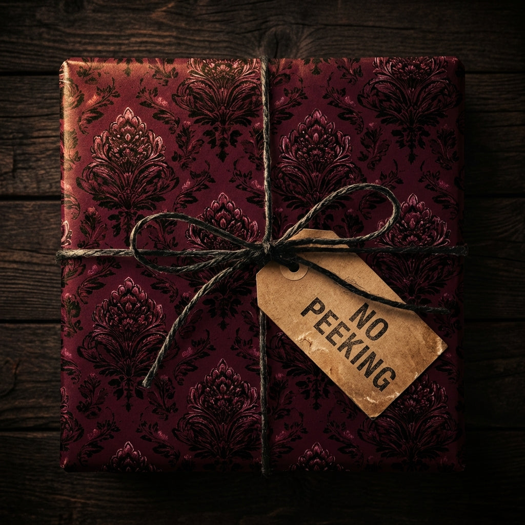 Burgundy floral wrapping paper with a "No Peeking" gift tag and simple twine bow.