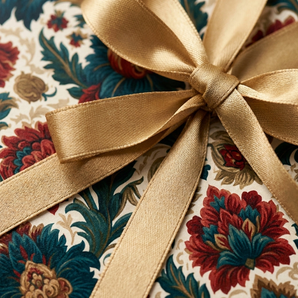 Luxury vintage floral wrapping paper in teal and red with a gold satin bow by Wrapped Studios.