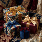 Luxury vintage floral wrapping paper and jewel-toned holiday gift wrap with velvet ribbons by Wrapped Studios.