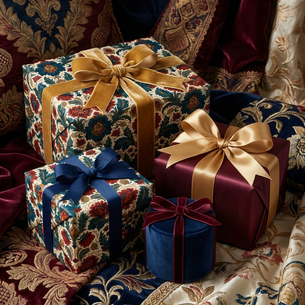 Luxury vintage floral wrapping paper and jewel-toned holiday gift wrap with velvet ribbons by Wrapped Studios.