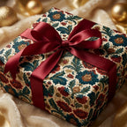 Luxury vintage floral Christmas wrapping paper with a burgundy satin ribbon by Wrapped Studios.