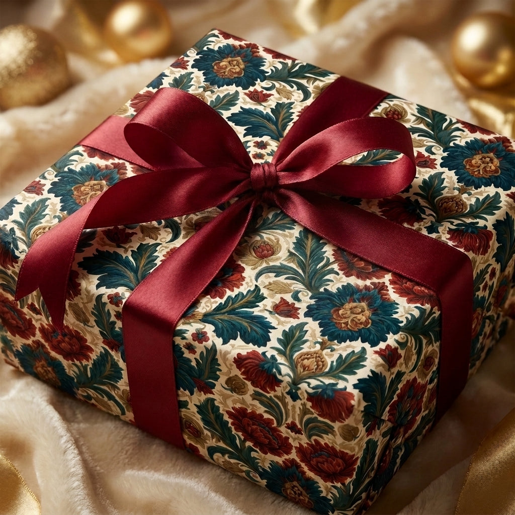 Luxury vintage floral Christmas wrapping paper with a burgundy satin ribbon by Wrapped Studios.