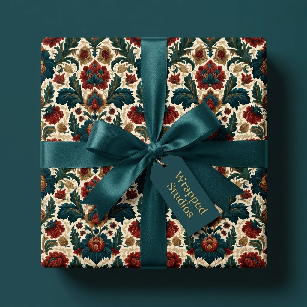 Luxury teal and red vintage floral wrapping paper with a satin bow by Wrapped Studios.