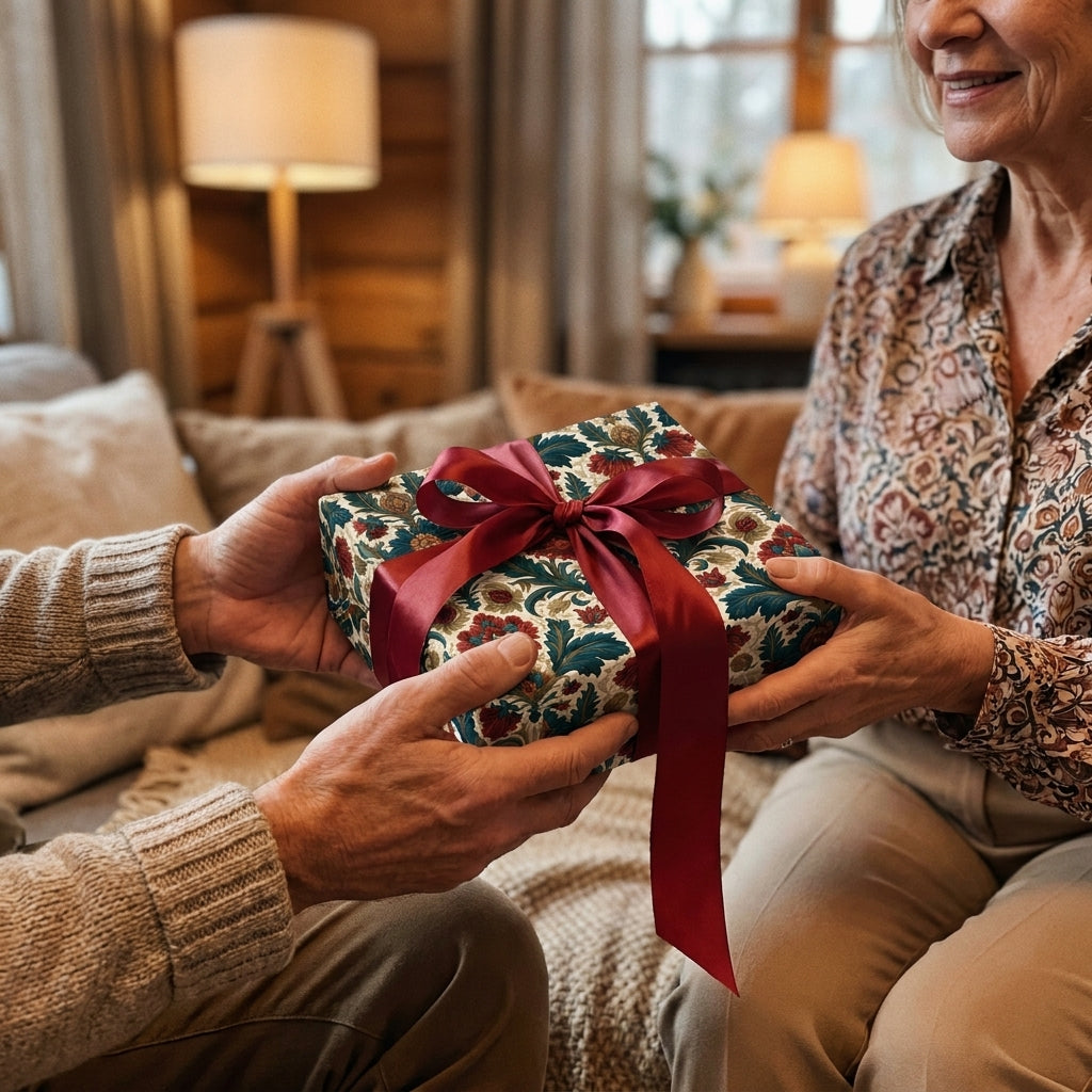 Couple exchanging a gift in luxury vintage floral wrapping paper with a red bow, from Wrapped Studios.