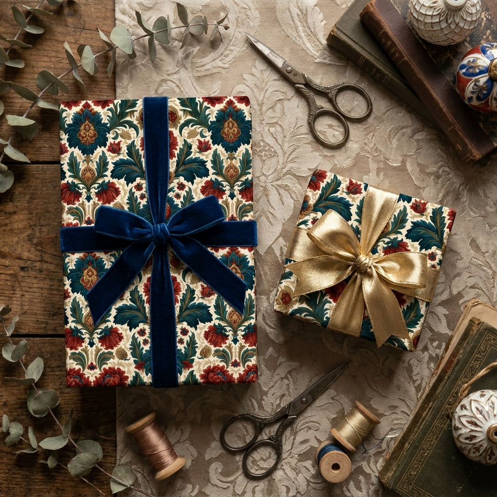 Vintage floral wrapping paper with blue velvet and gold ribbons on gift boxes by Wrapped Studios.