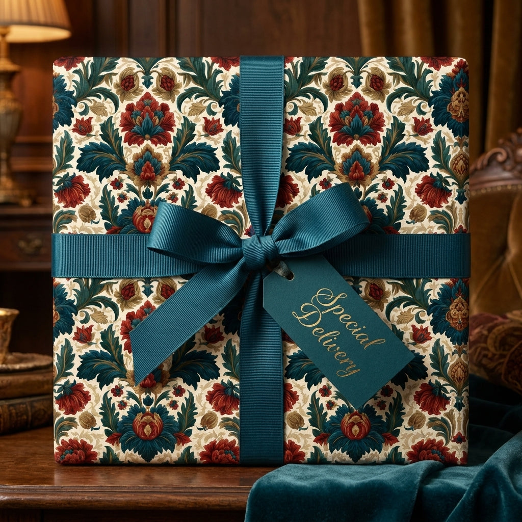 Luxury vintage floral wrapping paper in teal and red with a matching bow and gift tag by Wrapped Studios.
