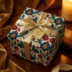 Vintage floral wrapping paper in teal and burgundy on a gift box with a gold ribbon by Wrapped Studios.