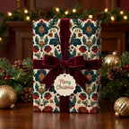 Vintage Christmas wrapping paper with luxury burgundy velvet ribbon by Wrapped Studios.