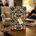 Luxury vintage floral wrapping paper by Wrapped Studios on a Christmas gift box with gold cord.