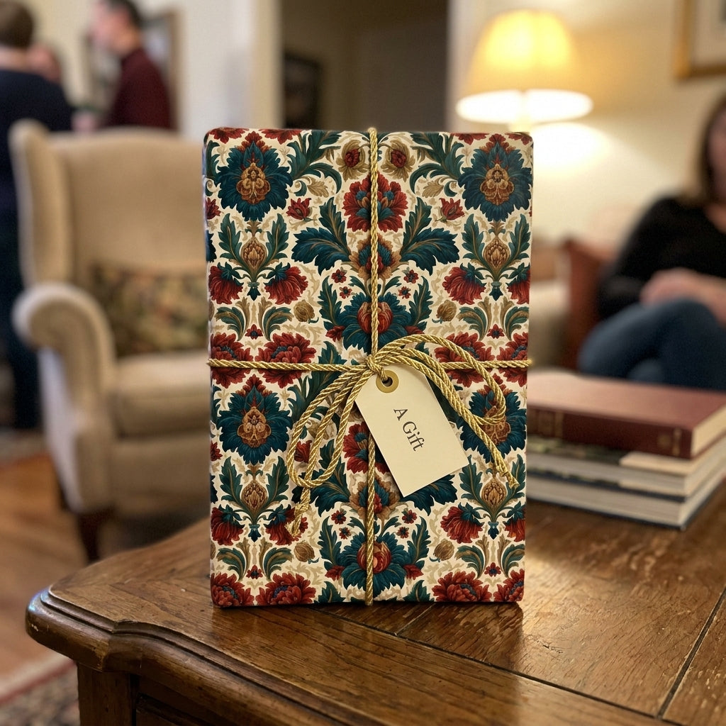 Luxury vintage floral wrapping paper by Wrapped Studios on a Christmas gift box with gold cord.
