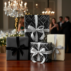 Elegant black & silver luxury gift wrap with ribbons for Christmas or birthday gifts at a party.