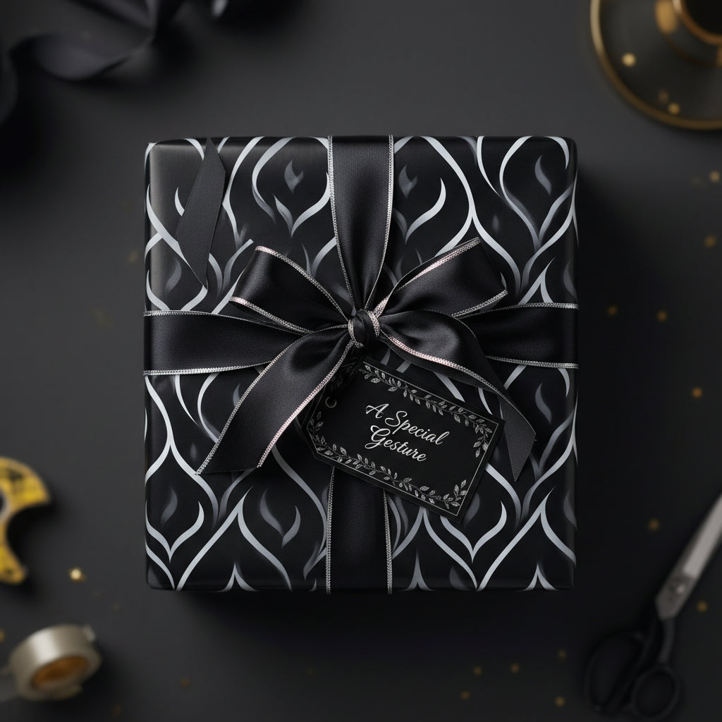 Elegant black gift wrap with silver ribbon and abstract floral pattern, perfect for luxury gifts.