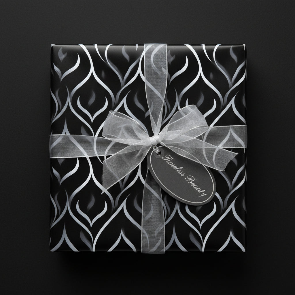 Elegant gift wrap with black and silver abstract design, tied with sheer ribbon and "Timeless Beauty" tag.