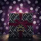 Elegant gift wrap with silver pattern, velvet bow, and "Happy Celebrations" tag on a bokeh background.