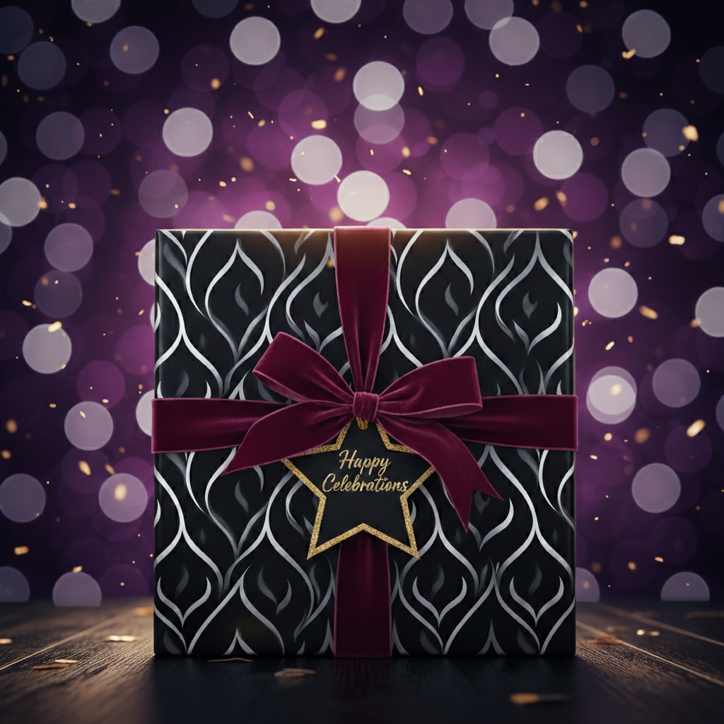 Elegant gift wrap with silver pattern, velvet bow, and "Happy Celebrations" tag on a bokeh background.