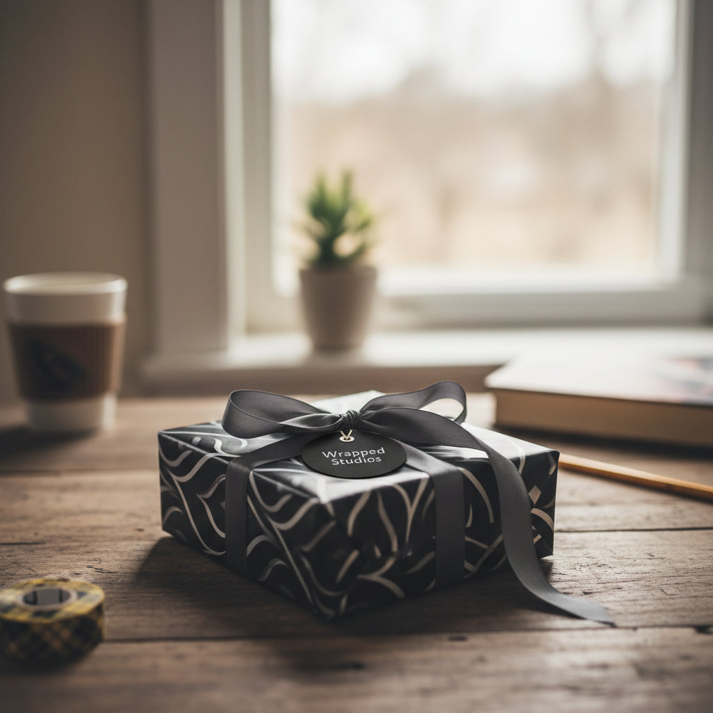 Elegant black and silver gift wrap with ribbon on a rustic wooden table.