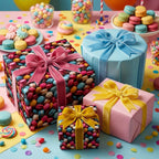 Assorted birthday wrapping paper with macaroon design and pastel velvet bows.