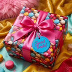 Colorful macaron print wrapping paper on a gift box with a pink satin ribbon and "Sweet Treats!" tag.