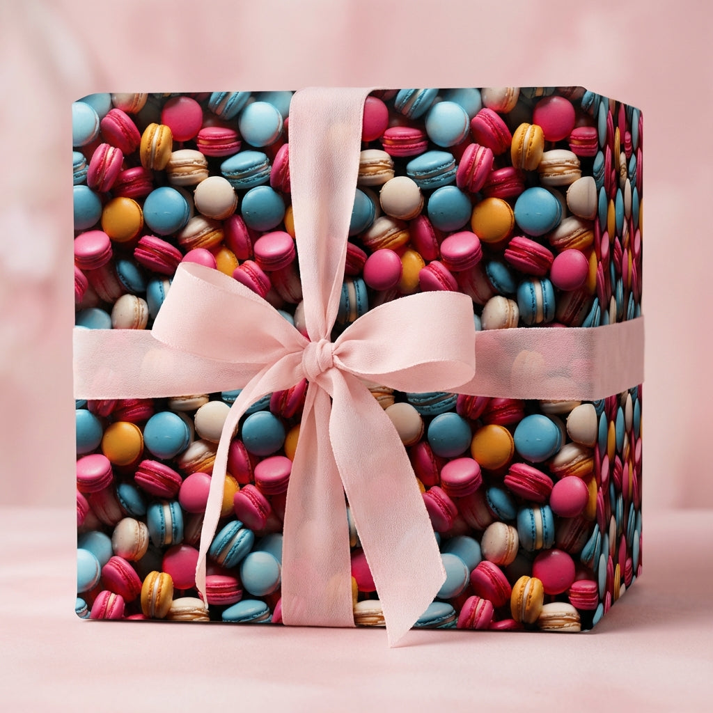 Square gift box with colorful macarons wrapping paper and a light pink satin ribbon and bow.