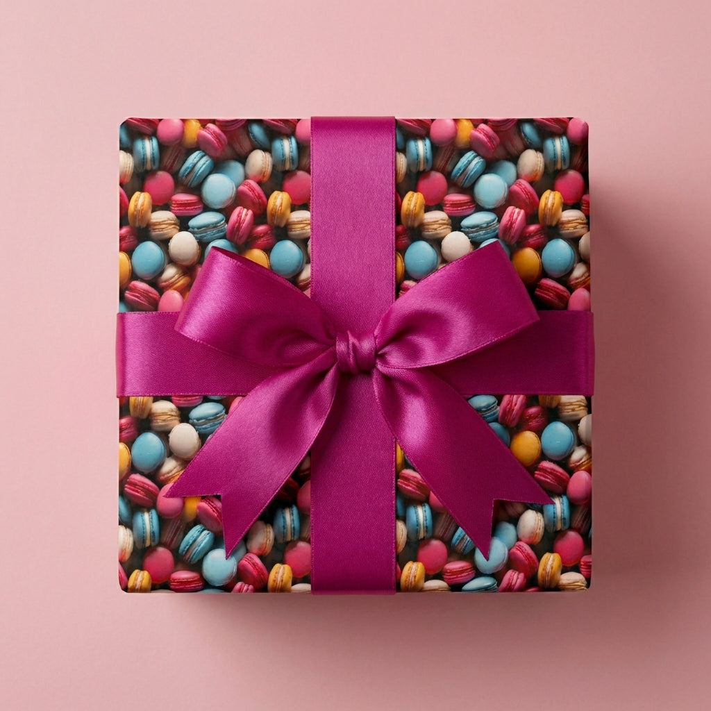 Gift wrapped in colorful macaron pattern paper with a bright pink satin ribbon and bow.