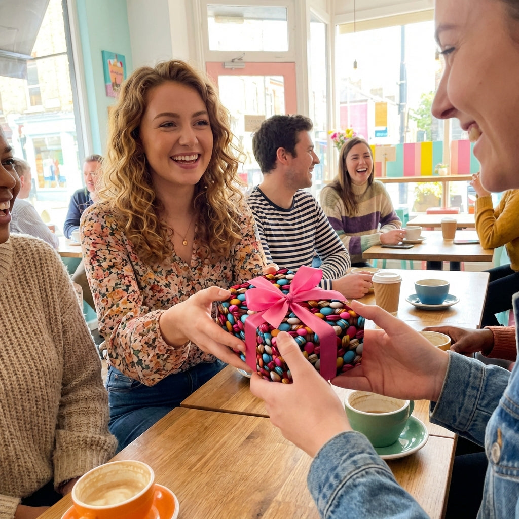 Friends exchanging a birthday gift wrapped in colorful candy print paper and a pink ribbon at a cafe.
