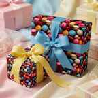 Two gifts wrapped in colorful macarons wrapping paper with yellow and blue ribbons, surrounded by other gifts.