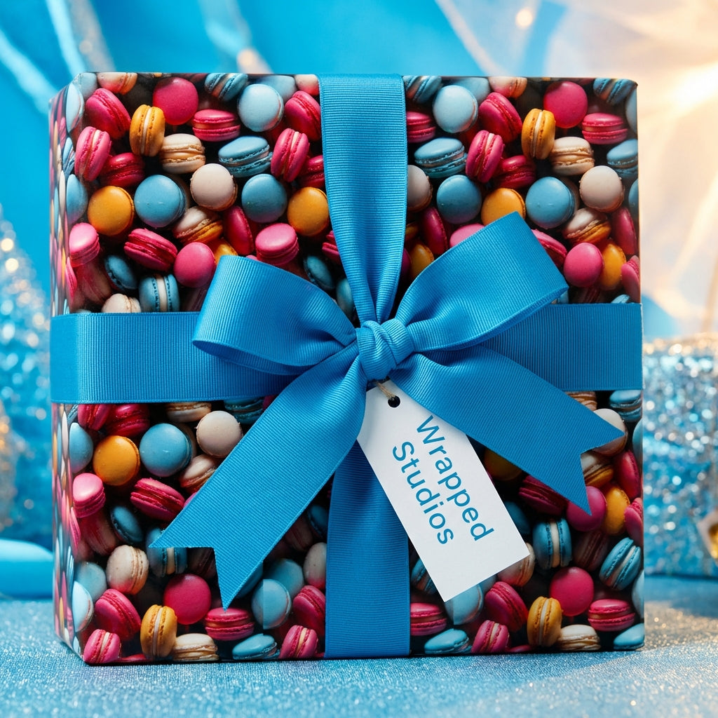 Macaron themed wrapping paper on a gift box tied with a bright blue ribbon.
