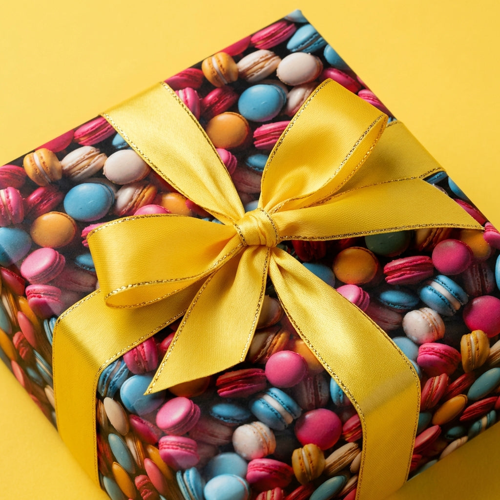 Square gift box in colorful macaron wrapping paper with a bright yellow satin bow.