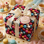 Square birthday gift wrapped in colorful macaron pattern paper with cream ribbon bow.