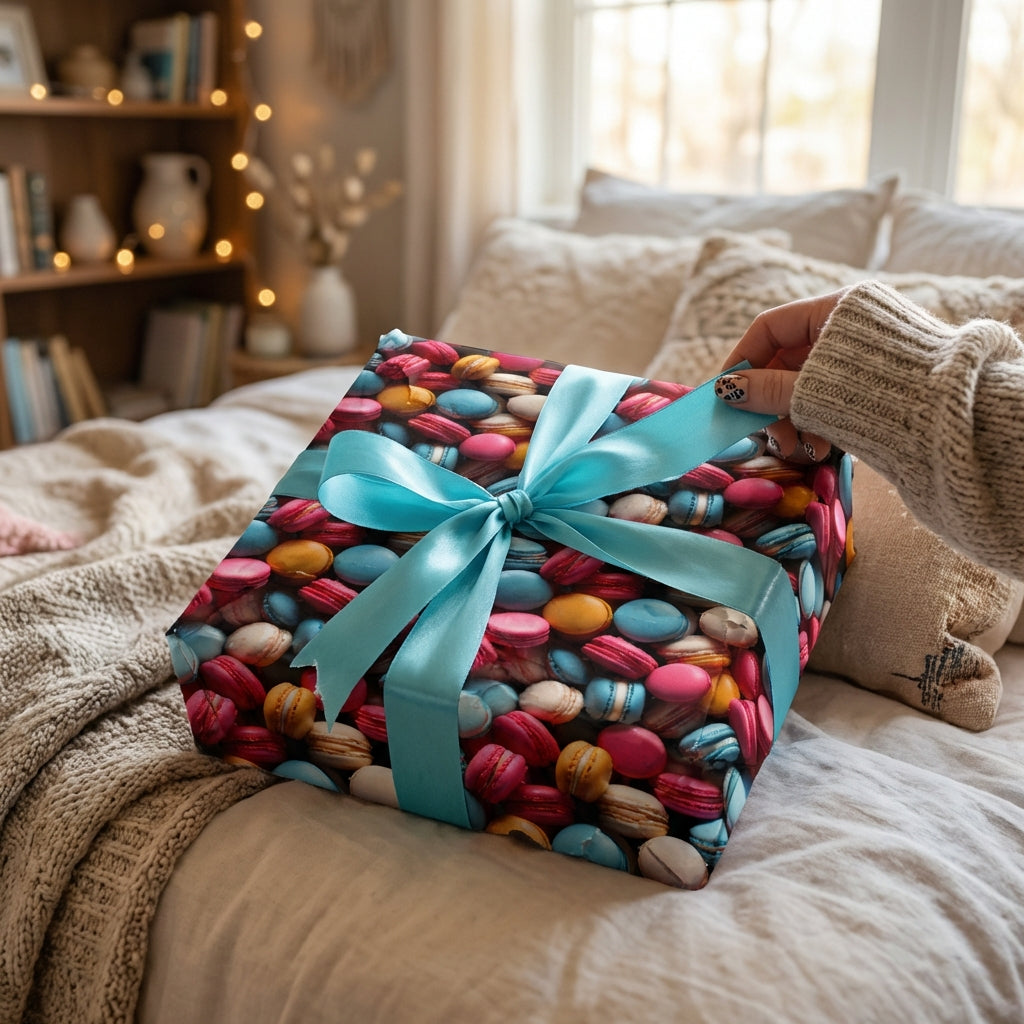 Square gift wrapped in colorful macaron pattern paper with a light blue satin bow, perfect for birthday celebrations.