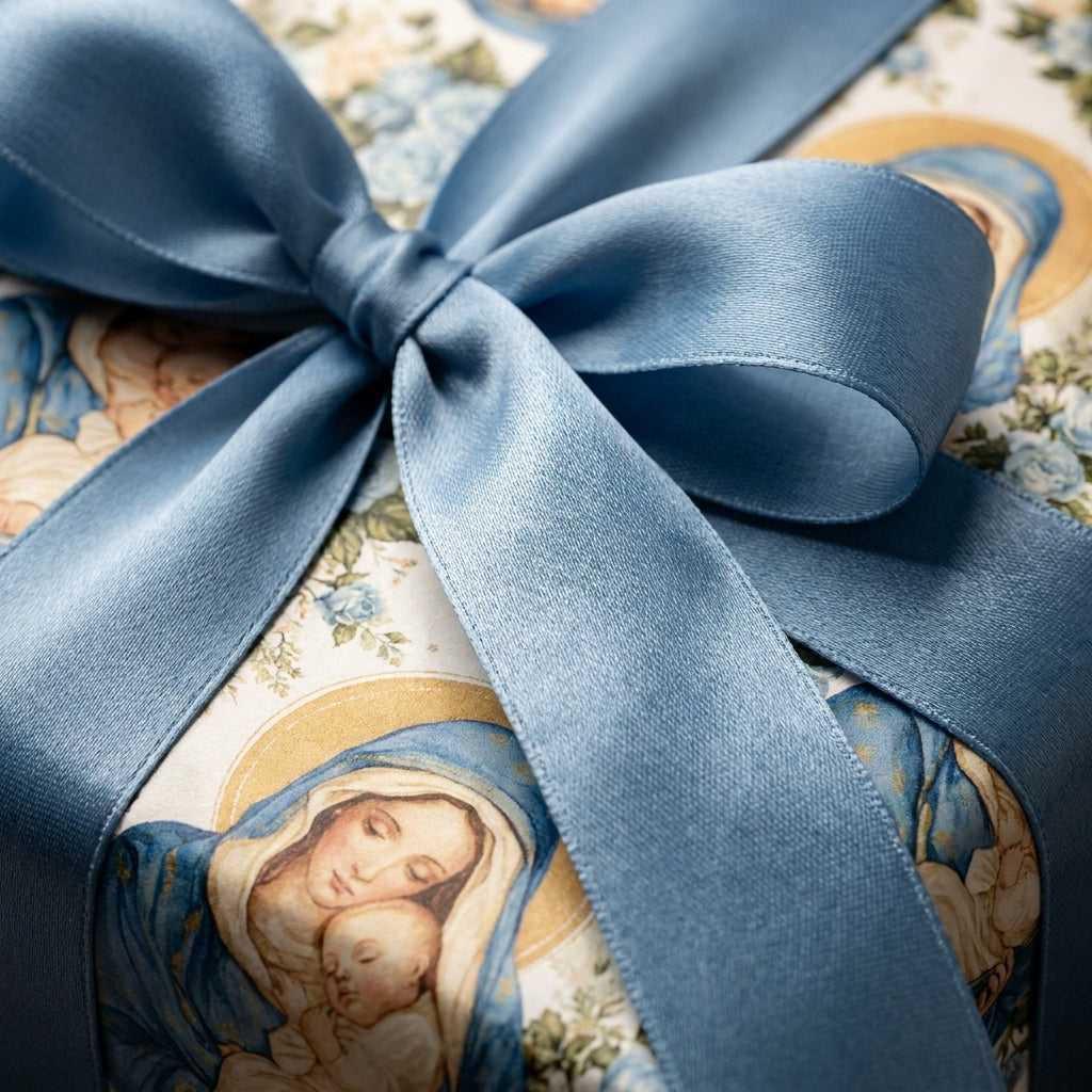 Religious Christmas wrapping paper featuring Virgin Mary and Baby Jesus with blue satin bow by Wrapped Studios.