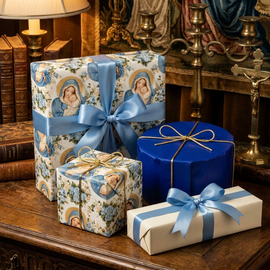 Christian wrapping paper with Virgin Mary and baby Jesus on elegant gift boxes by Wrapped Studios.