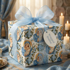 Virgin Mary Christmas wrapping paper with a blue ribbon and gift tag by Wrapped Studios.