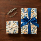 Virgin Mary and Baby Jesus religious Christmas gift wrap with elegant blue bows by Wrapped Studios.