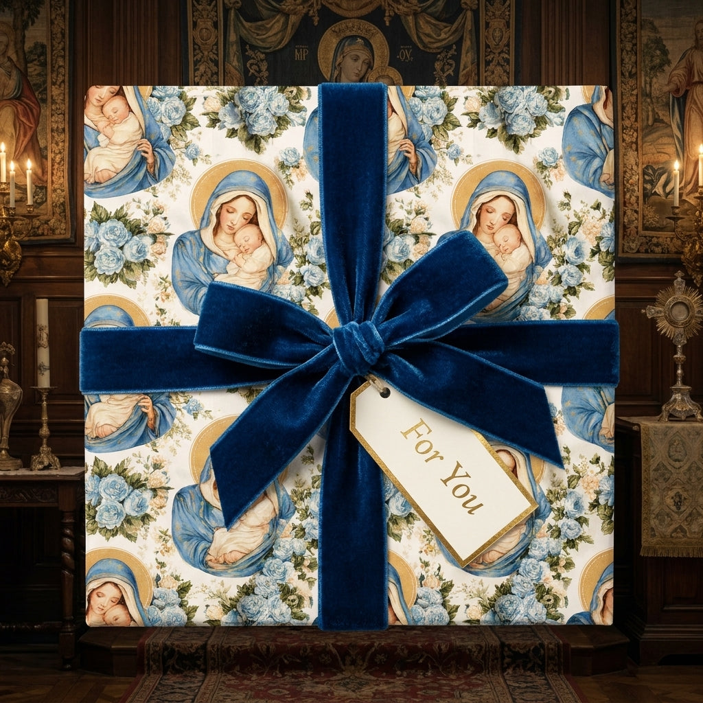 Religious Christmas wrapping paper with Virgin Mary and blue velvet ribbon by Wrapped Studios.