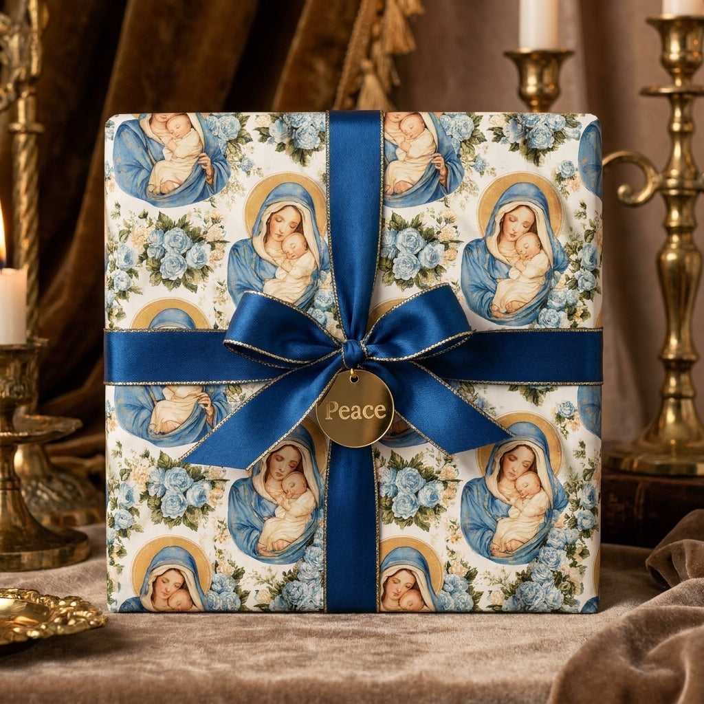 Luxury religious Christmas wrapping paper with Virgin Mary pattern and blue ribbon by Wrapped Studios.