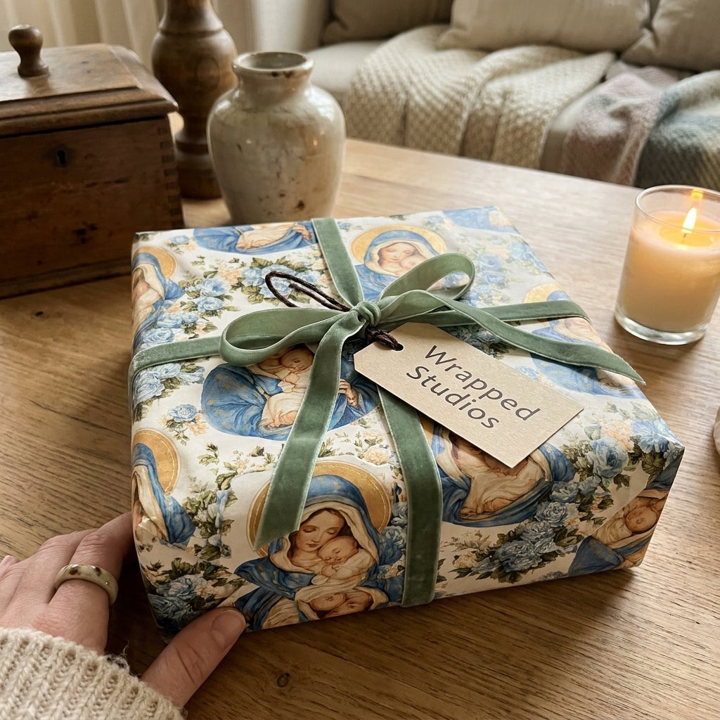 Vintage Virgin Mary Christmas gift wrap with sage green velvet ribbon by Wrapped Studios.