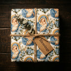 Religious Christmas wrapping paper with Virgin Mary pattern and a Blessings tag by Wrapped Studios.