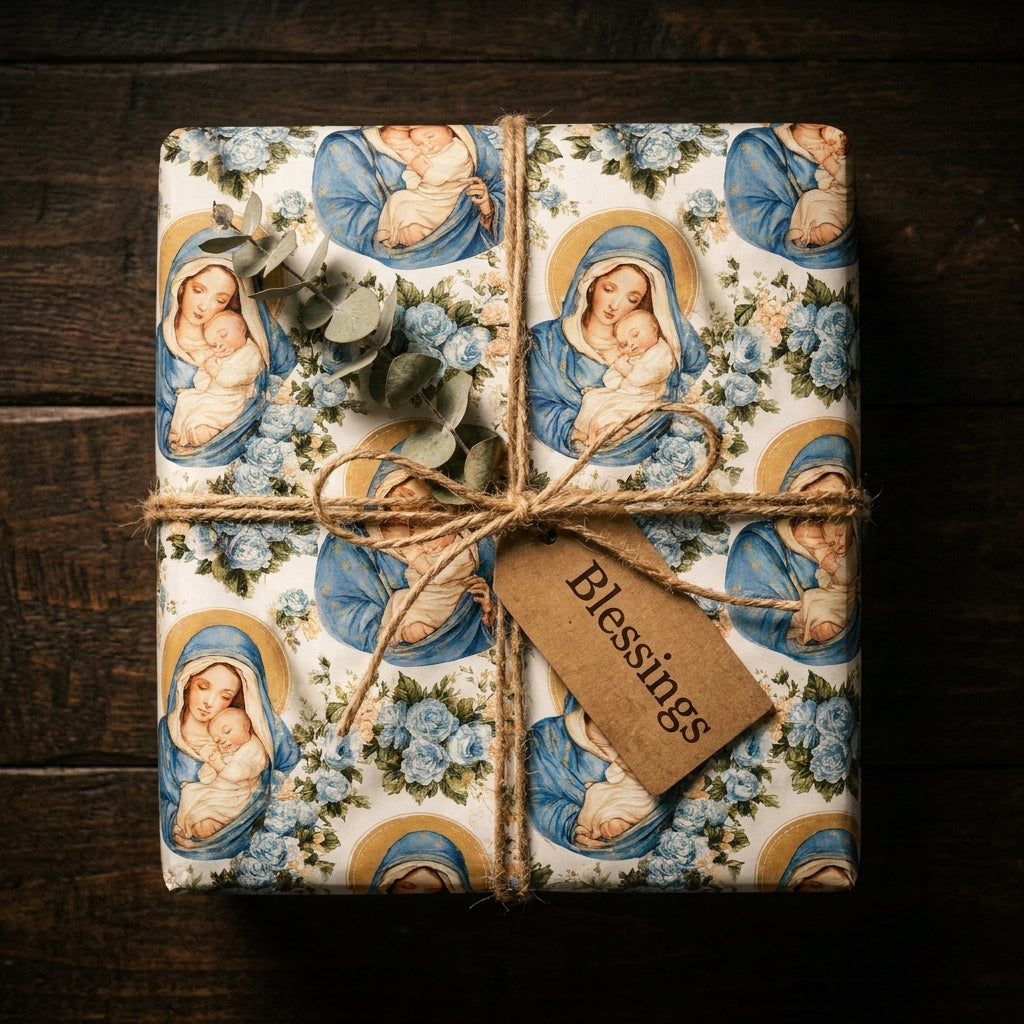 Religious Christmas wrapping paper with Virgin Mary pattern and a Blessings tag by Wrapped Studios.