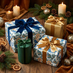 Religious Christmas wrapping paper with Madonna and Child illustration and velvet ribbons by Wrapped Studios.