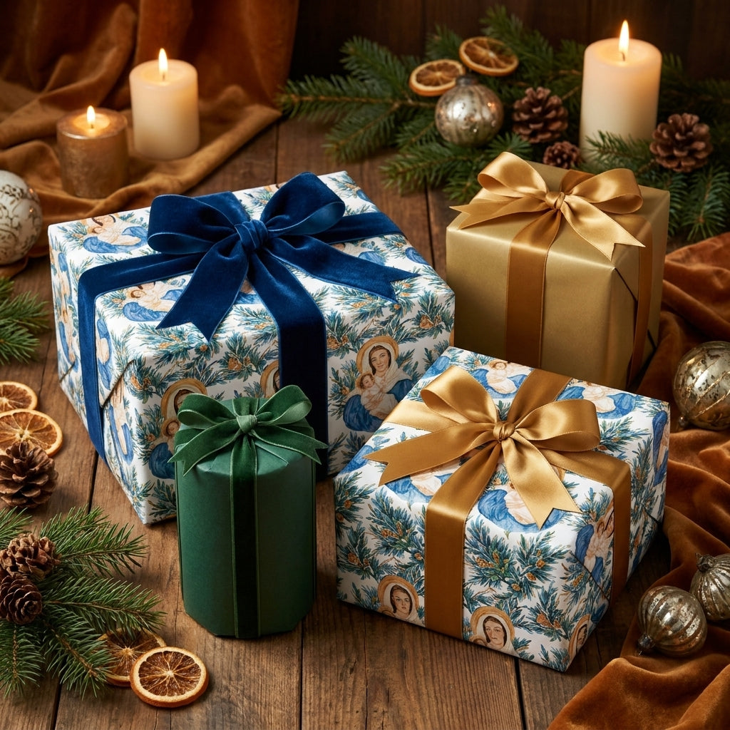 Religious Christmas wrapping paper with Madonna and Child illustration and velvet ribbons by Wrapped Studios.