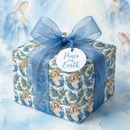Christian Christmas wrapping paper featuring Virgin Mary and Baby Jesus with blue ribbon by Wrapped Studios.