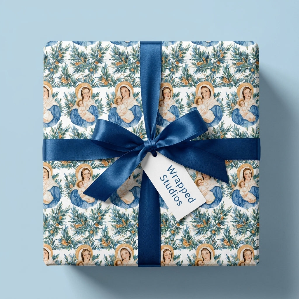 Religious Christmas wrapping paper featuring Virgin Mary and Baby Jesus, tied with a blue bow by Wrapped Studios.