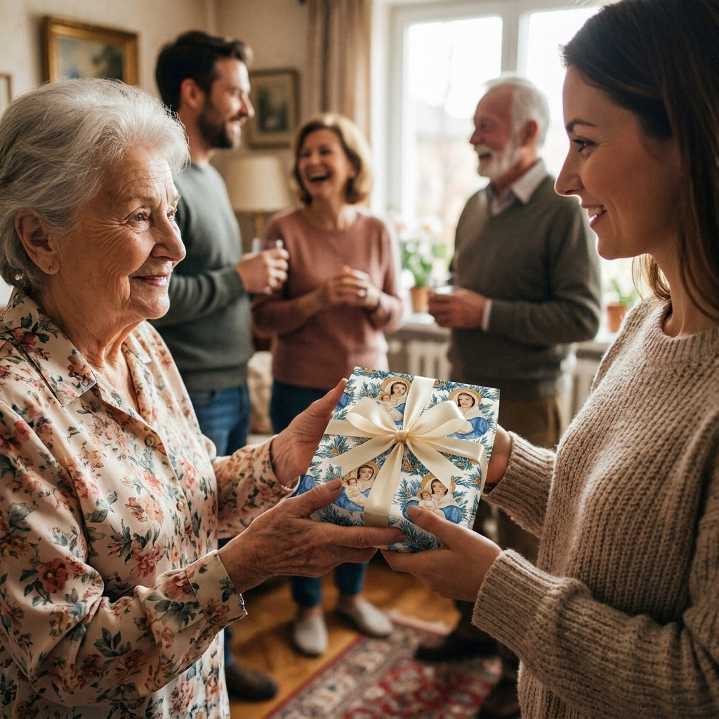 Grandmother receiving a gift in vintage religious Christmas wrapping paper by Wrapped Studios.