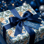 Watercolor Nativity Christmas wrapping paper with Mary, Baby Jesus, and a blue satin bow by Wrapped Studios.